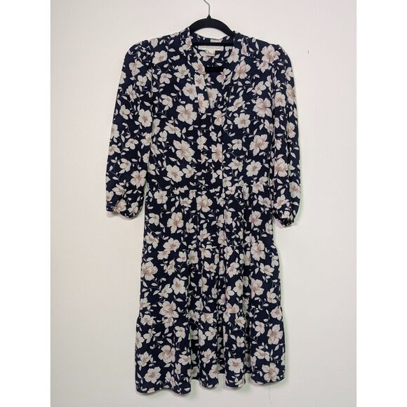 Monteau Floral Dress S Navy Cottagecore Romantic Tiered Mini - Picture 4 of 7